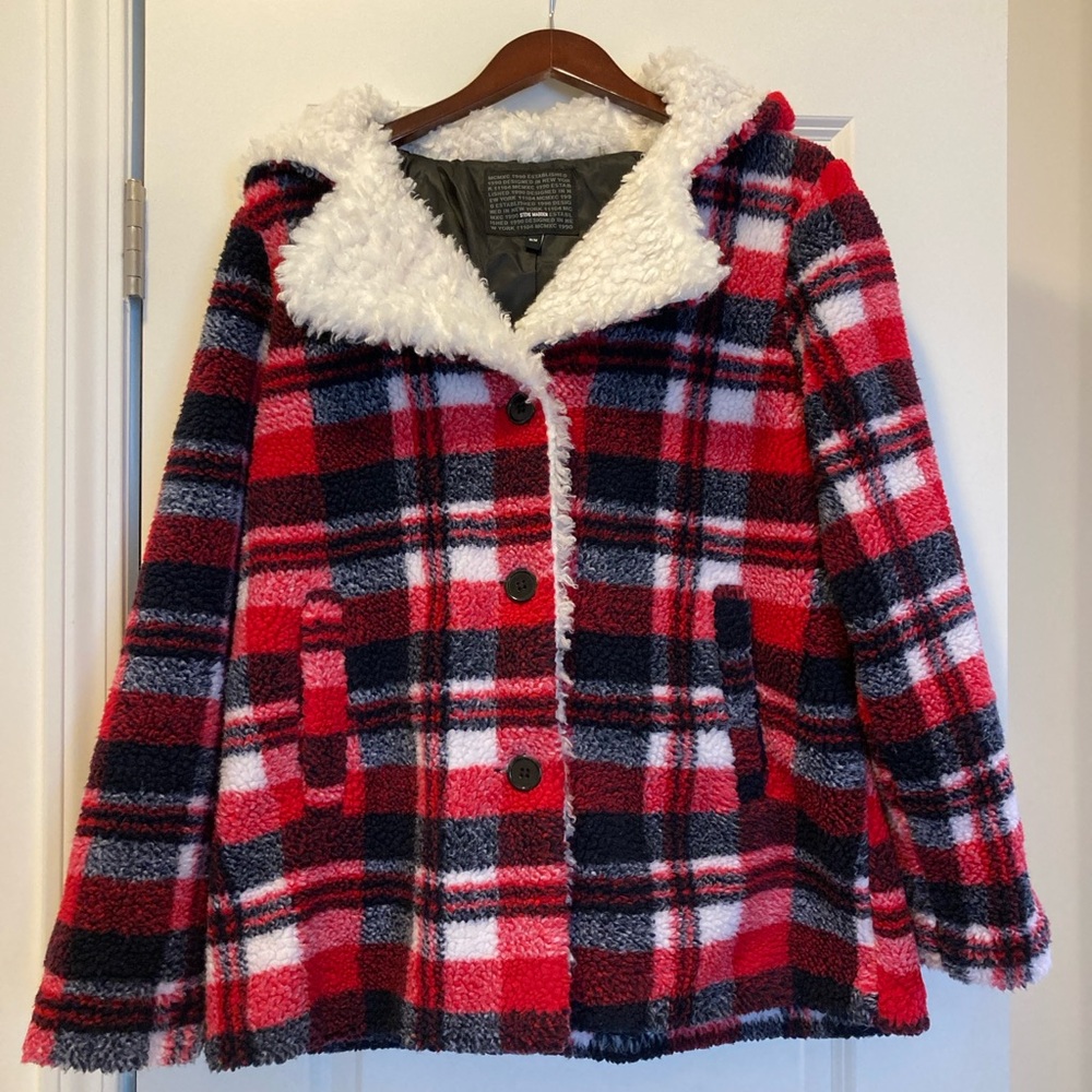 Steve Madden Red Plaid Sherpa Lined Hooded Jacket Size M